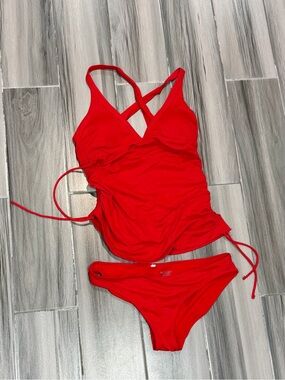 Athleta Bright Red Ruched Two Piece Bathing Suit